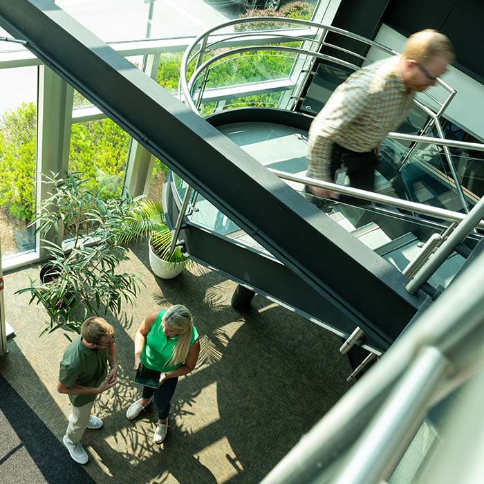 Overhead shot of two people talking