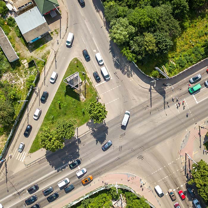 Aerial photo by a park with a road.