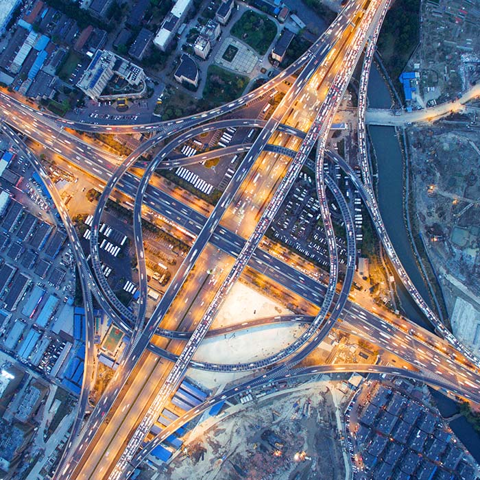 Aerial photo in a city with freeway roundabout