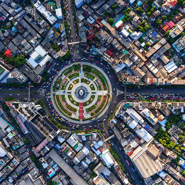 Aerial photo of city with a roundabout