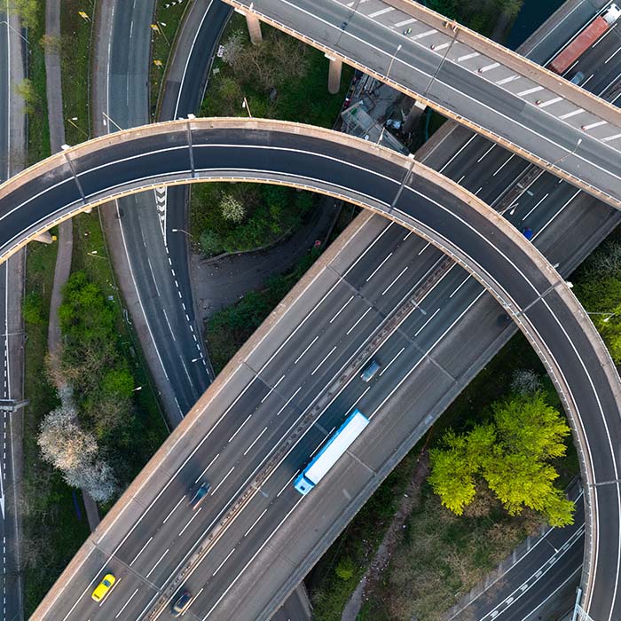 Aerial shot of cars and freeway